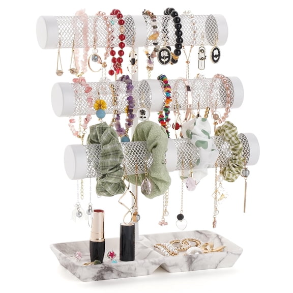 3 Tiers Bracelet Holder Jewelry Display Stand, Jewelry Organizer for Bracelets, Earrings, Necklaces, Watches, Scrunchies, with Porcelain Ring Tray