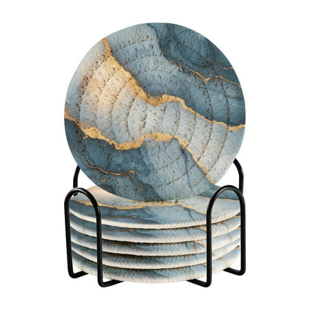 

Qxltty Dark Blue Gilt Pattern Drink Coasters with Holder 6pcs Handmade Woven Simple Vintage Saucer Set