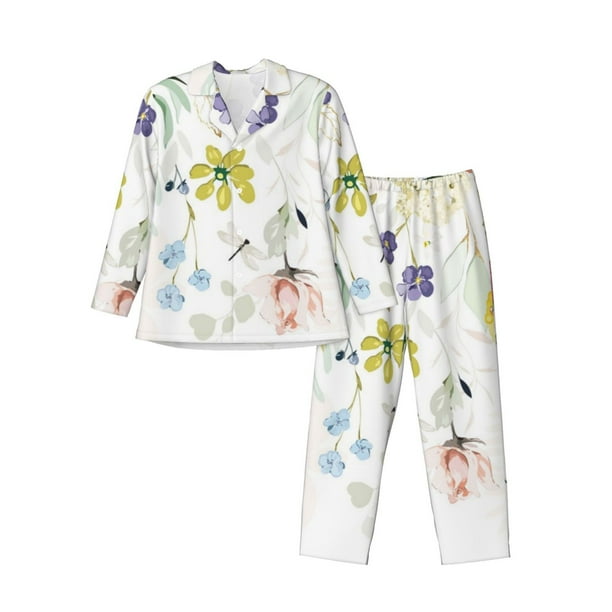 Balery Wildflowers Pijama para Hombre de Dos Piezas con Manga Larga, Conjunto de Dormir y Descanso Suave con Bolsillos-Large