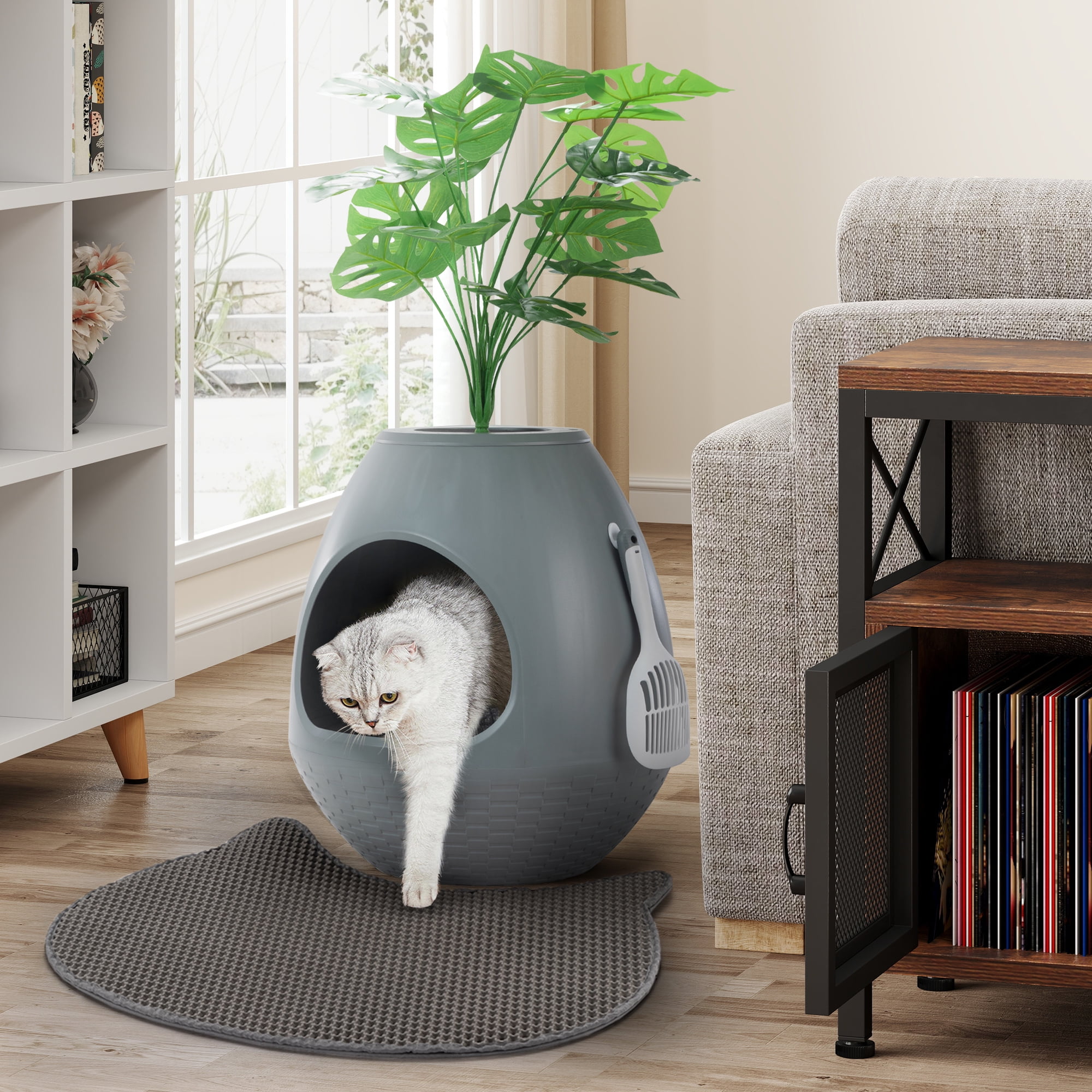 Jaxpety Large Smart Plant Litter Box with Deodorization System, Artificial Plants,5 Cat Litter Bags,Light,Cat Litter Mat,Scoop,Gray