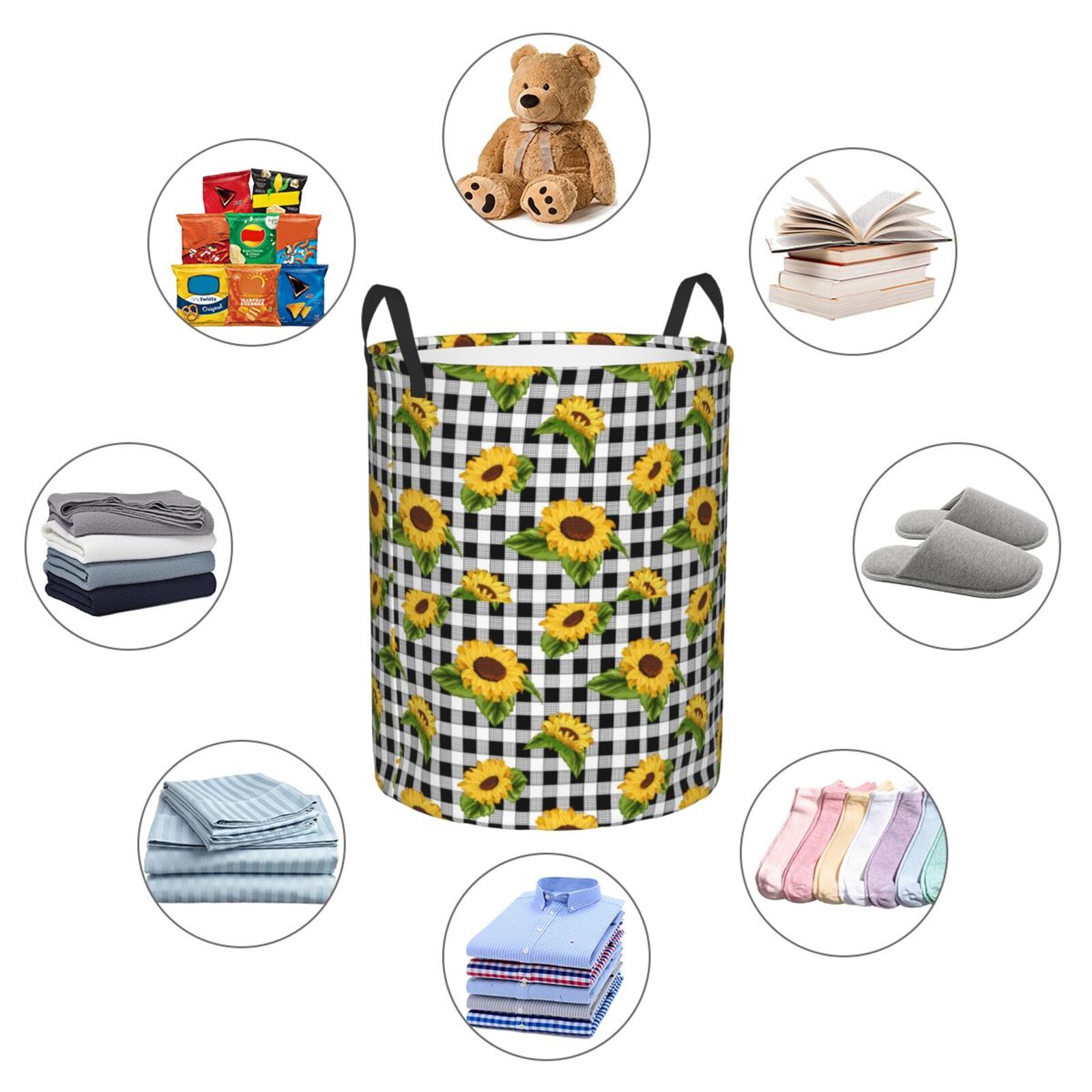 Large Laundry Basket with Handles - Sunflowers checkered plaid Kids Baby Dirty Clothes Laundry Hamper for Bedroom Aesthetic