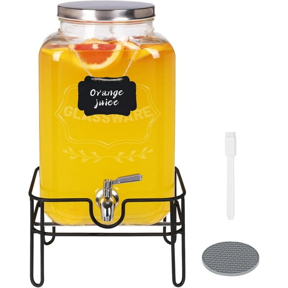 chalian-Glass Drinks Dispenser for Parties, 2 Gallon Beverage Dispenser with Stand for Juice and Iced Tea, Water Jug Dispenser for Lemonade, Party Essential Beverage Pitcher with Spout