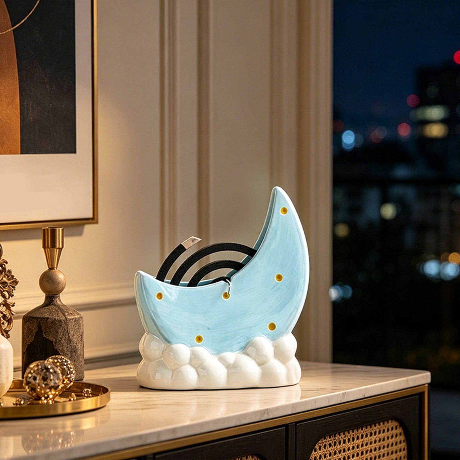 Hearthoom Ceramics Cute Crescent Moon Mosquito Coil Holder Indoor Home Use Fresh & Anti Scalding Heat Incense Burner Stand for Coils,Blue