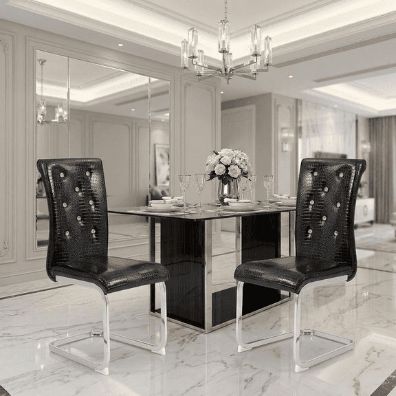 JUFU Dining Chairs Set of 2, Faux Crocodile Leather Upholstered Chairs with Crystal Button Tufted Back, Modern Cantilever Dining Room Chairs, Chrome Metal Legs