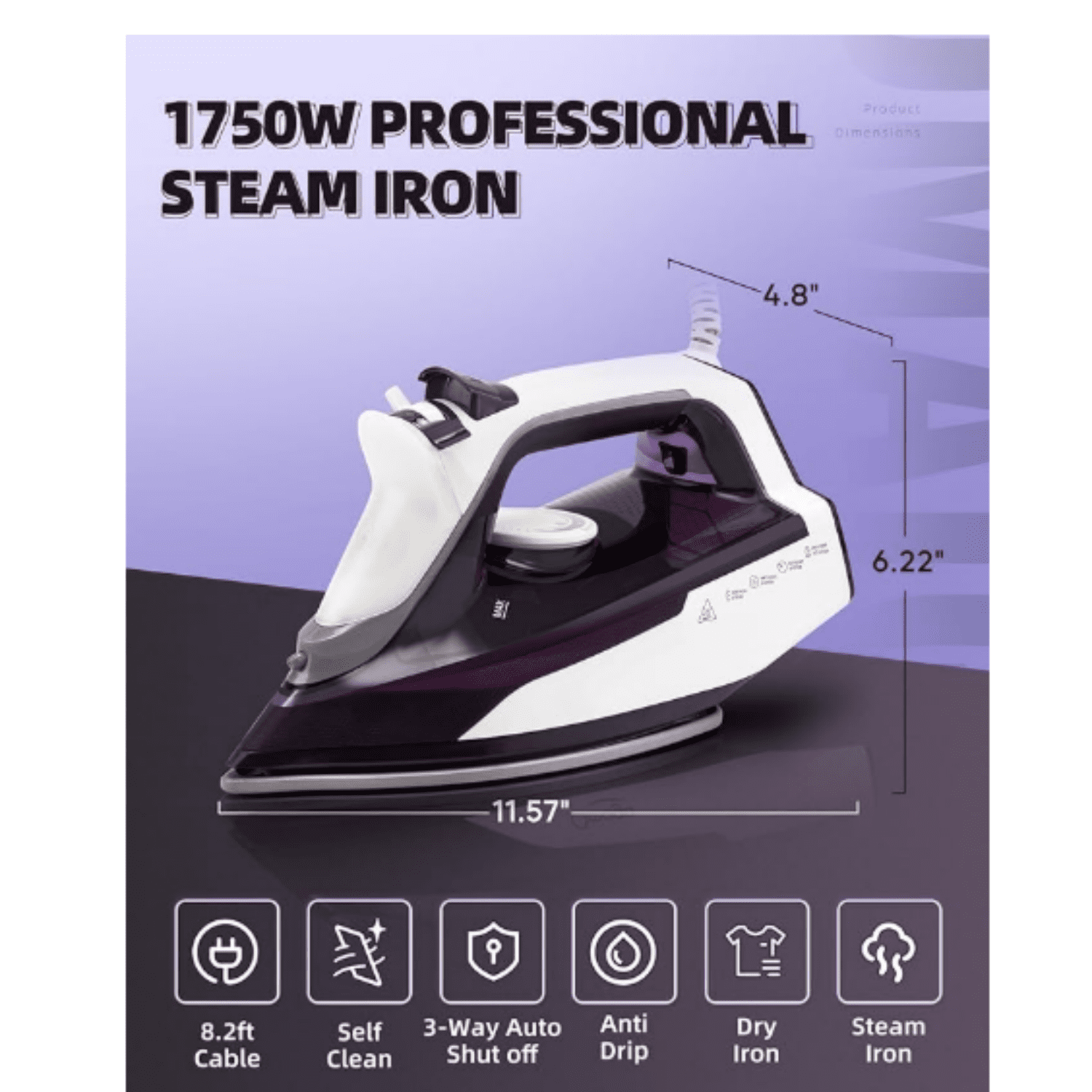 Steam Iron for Clothes - 1750W Iron with Upgrade Double-Layer Ceramic Soleplate, Burst of Steam, 3-Way Auto-Off, Self-Cleaning, Anti-Calc, 13.5oz Water Tank Ironing Clothes for Home, Purple