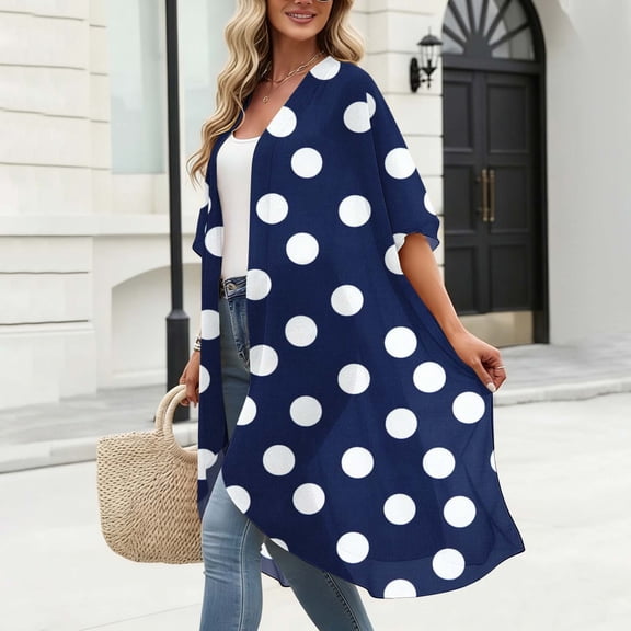 HOMBOM Womens Lightweight Kimonos Summer Long Cardigan Open Front Polka Dot Short Sleeve Resort Cover Ups for Young Women Batwing Sleeve