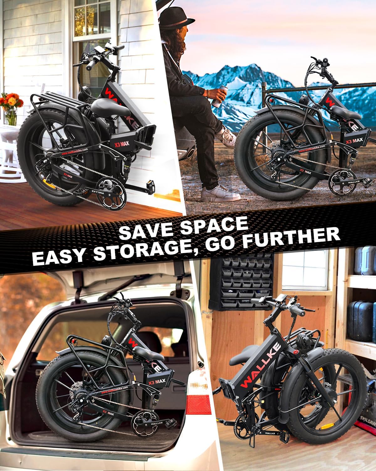 W Wallke 48V 22Ah Foldable Electric Mountain Bicycles,  2800W Dual Motor Ebike, Long Range E-Bike , 26" Fat Tire All Terrain 31-35MPH Fast Ebike Adults, Full Suspension Offroad City E-Bicycle, UL2849