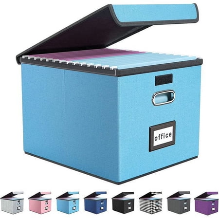 Upgrade Portable File Organizer Box Office Document Storage with Lid, Linen Hanging Filing Storage Boxes, Decorative Home/Office Filling System for File and Folders Storage ( Sky-Blue)