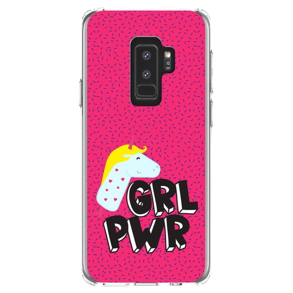 DistinctInk Clear Shockproof Hybrid Case for Samsung Galaxy S9  PLUS (6.2" Screen) - TPU Bumper, Acrylic Back, Tempered Glass Screen Protector - Girl Power - GRL PWR - Unicorn Pink Background
