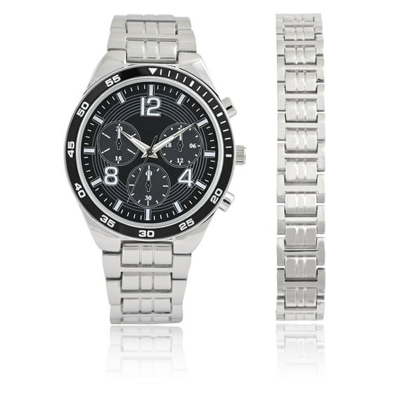 George Men's 2 Piece Silver Metal Watch and Bracelt Set with Black Faux Chronogrph Dial and Matching Bracelet. 44MM