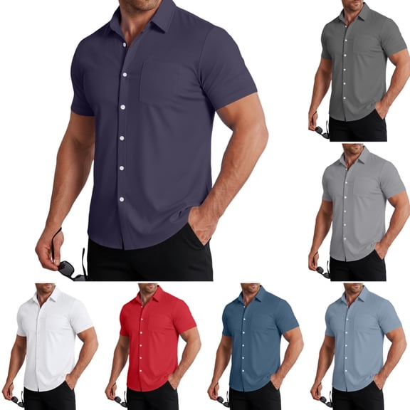 Men's Button Down Shirts Short Sleeve Regular Fit Solid Color Casual Shirt Summer Fashion Business Dress Shirts Purple XL