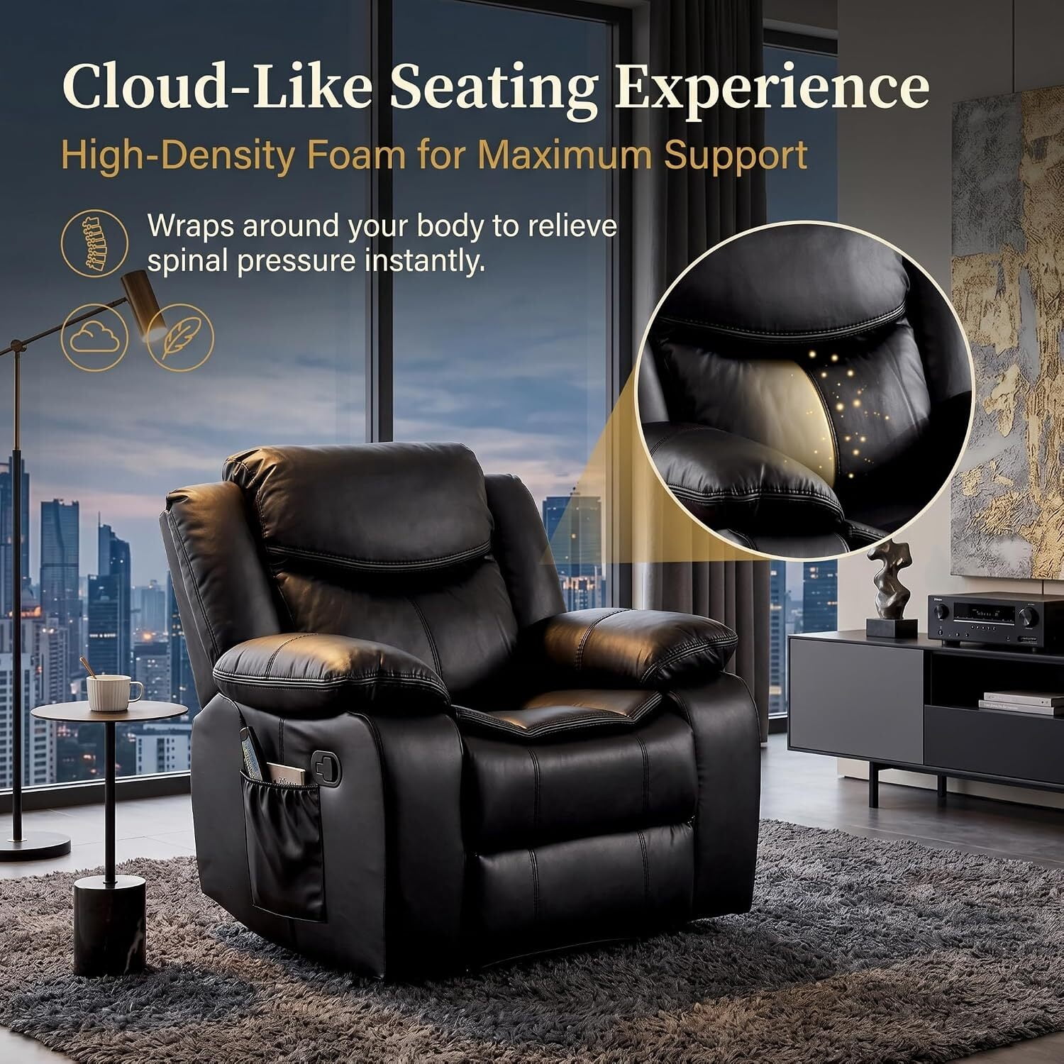 Recliner Chair,Oversized PU Leather Lounge Sofa 90°-160° Recline with 8 Vibration Massage Lumbar Heat Support 30D High Density Foam Side Storage Quick Assembly,Black