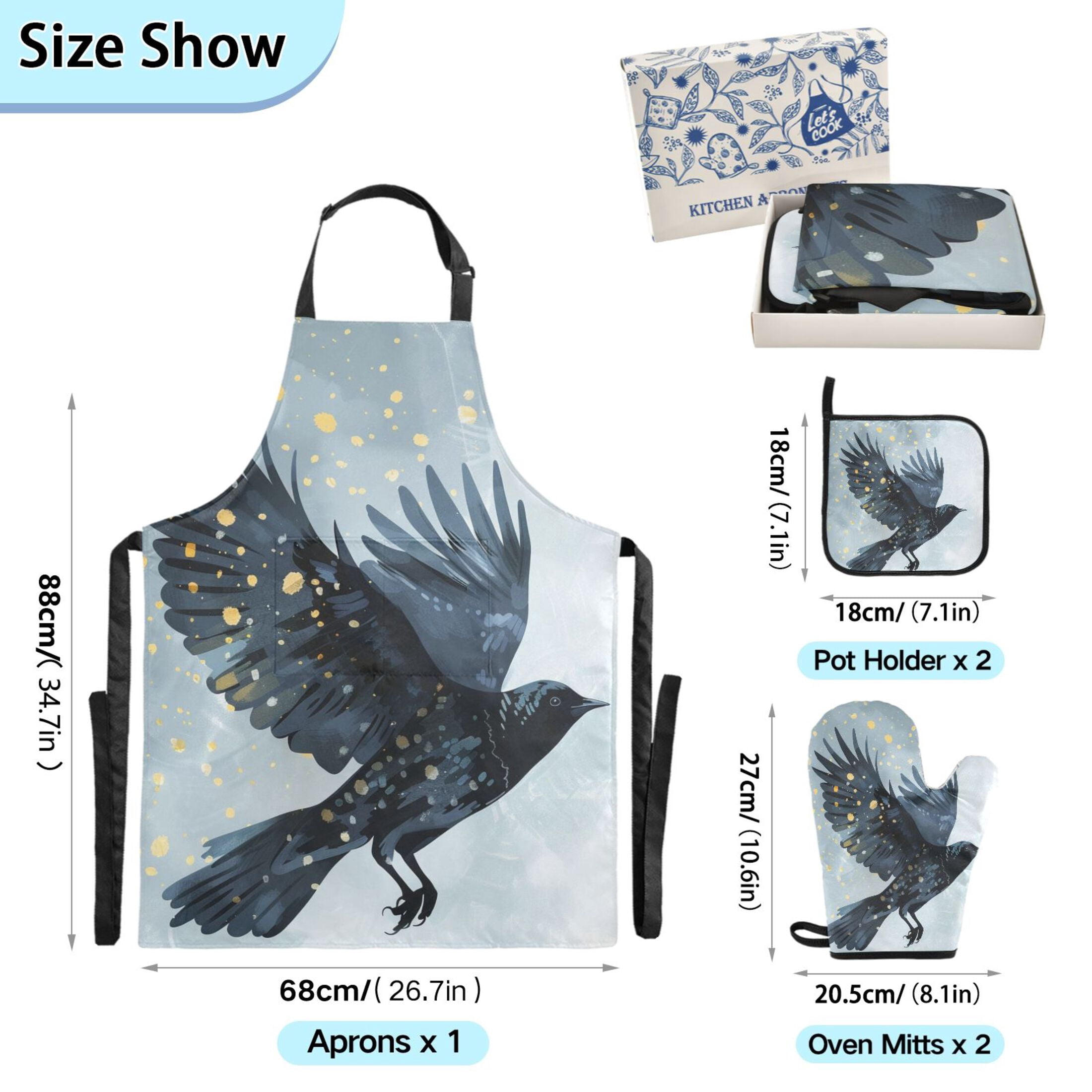 Cool Crow Flying 5 Pcs Kitchen Set Heat Resistant Oven Mitts and Non-Slip Pot Holders with Adjustable Cooking Apron