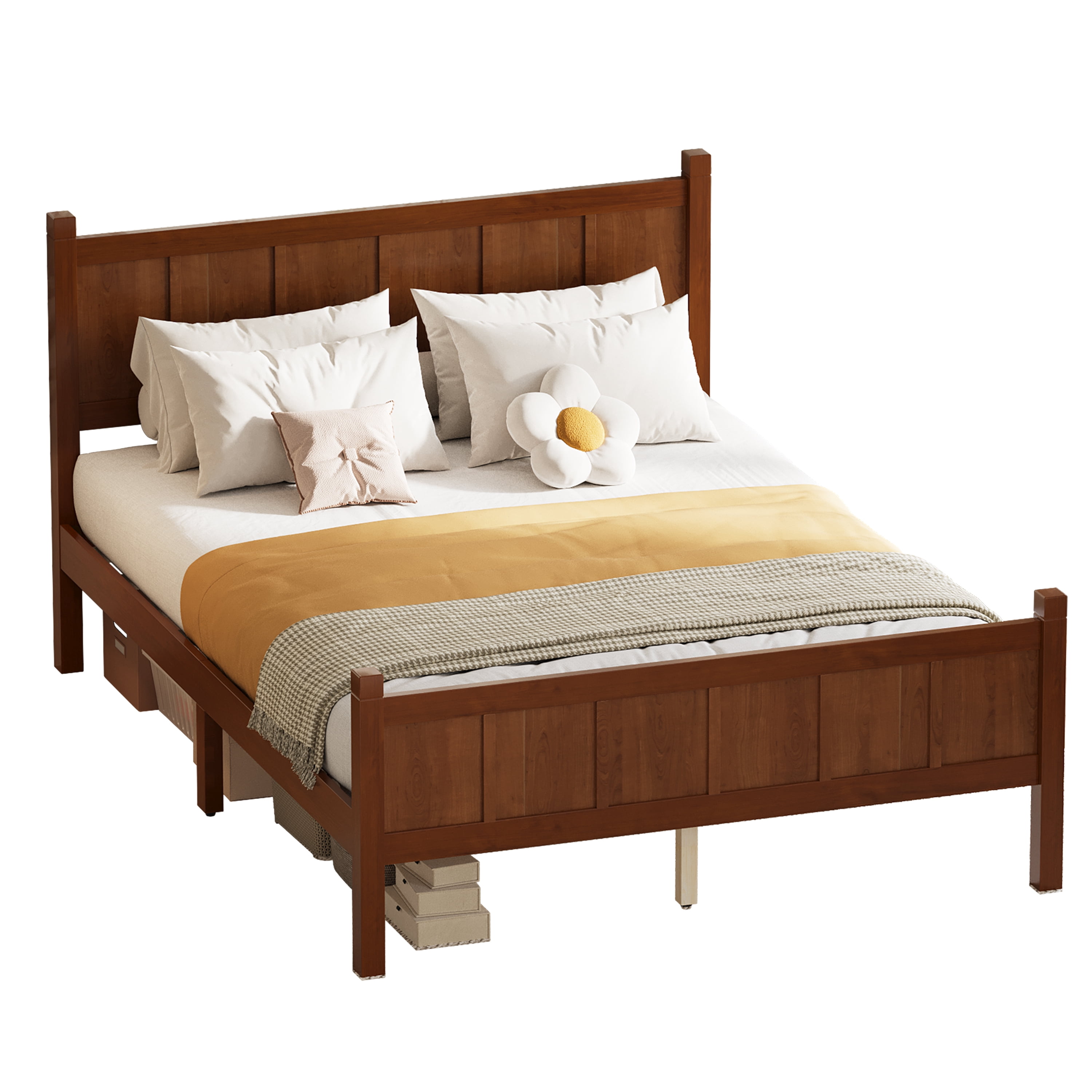 Euroco Wood Full Size Platform Bed with Headboard and Footboard, Dark Walnut