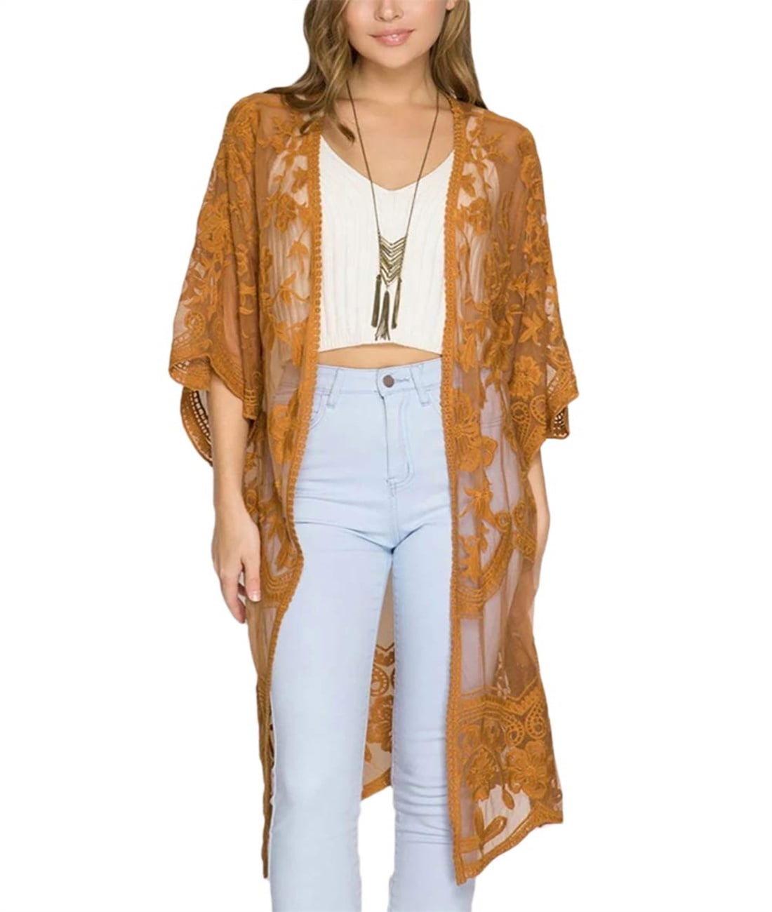 Bsubseach Women Swimsuit Cover Up Beach Mesh Lace Kimono Cardigan Open