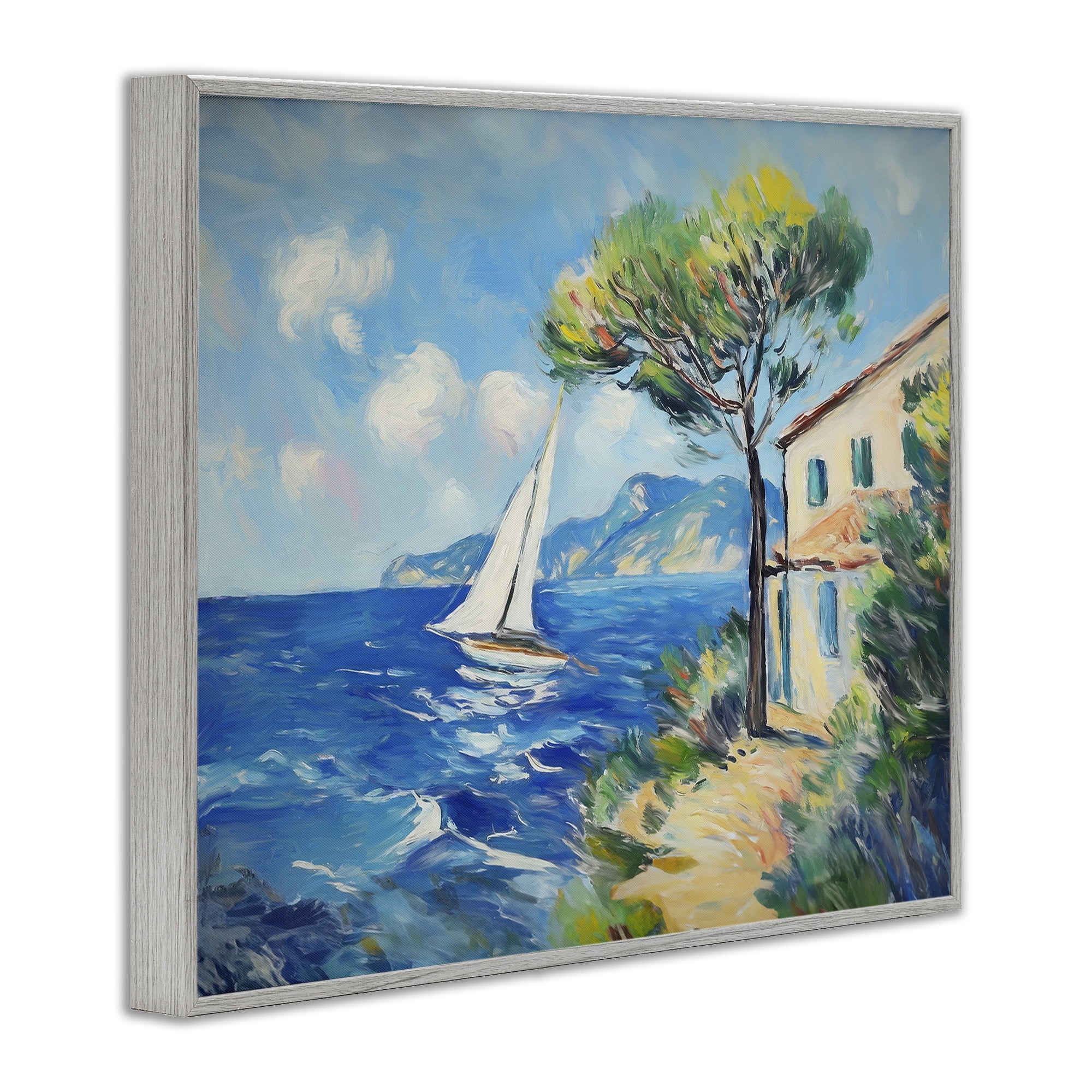 Stupell Industries Sailboat & Beach Villa Coastal Painting Gray Framed Art Print Wall Art, 14 x 11