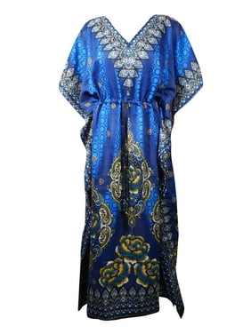 Mogul Women Blue Maxi Caftan Dress Floral Print Kimono Sleeves Beach Cover Up Kaftan Dresses One Size