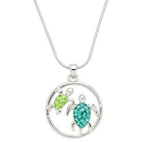 Sea Turtle Pendant Necklace Rhinestone Crystal Rhodium Plated 17 Inch Snake Chain J0955