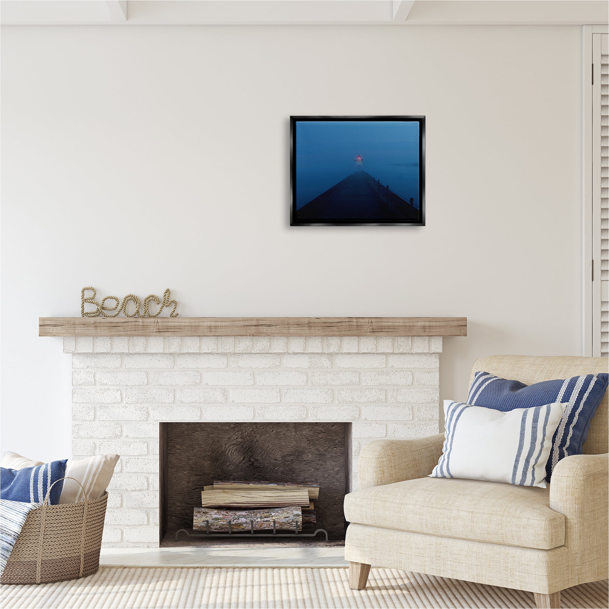 Stupell Industries Foggy Lighthouse Dock Landscape Photography Black Floater Framed Canvas Art Print Wall Art, 21 x 17