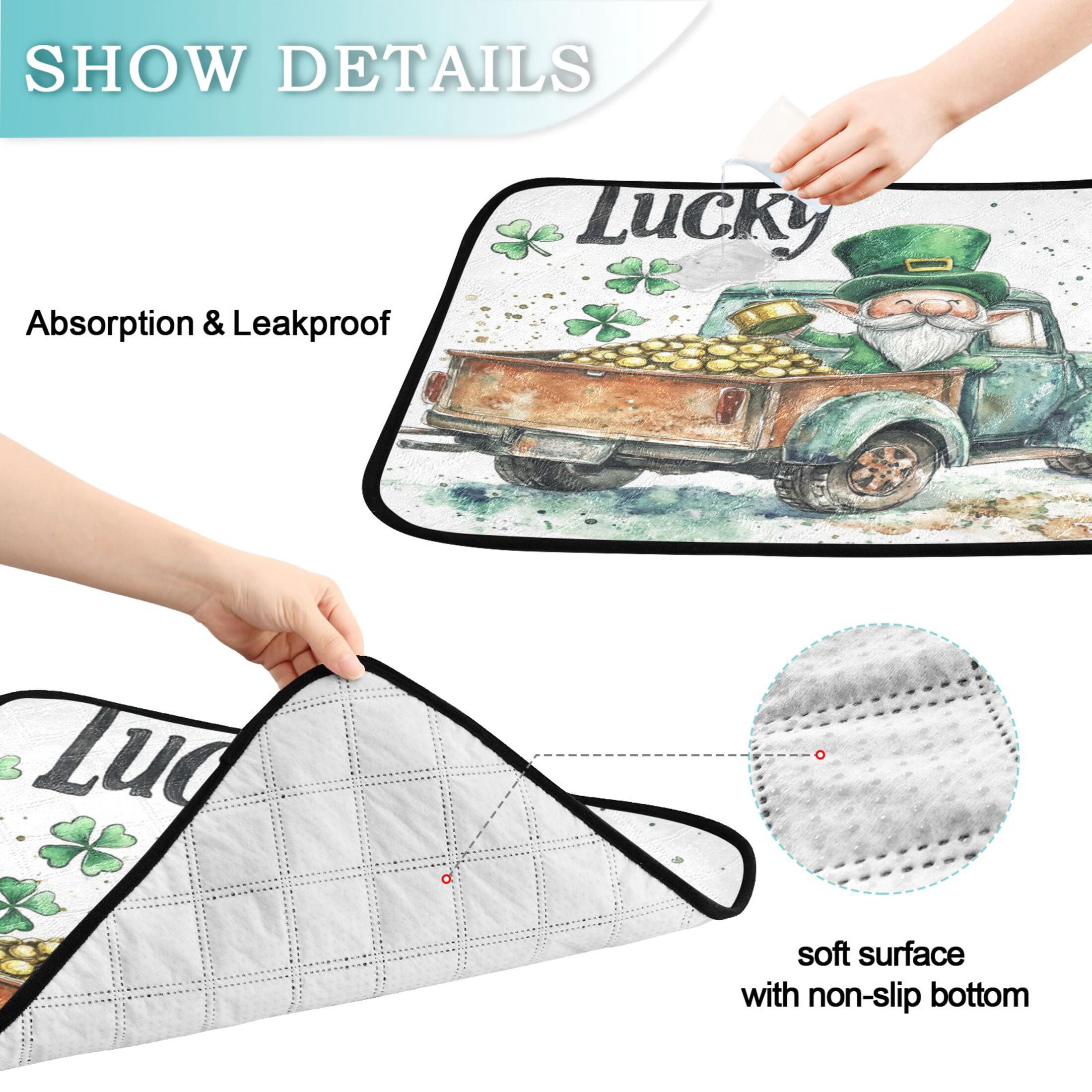Qxltty St Patricks Day Lucky Car Cat litter Pads Pet Set of 2 Diaper Mats Center Anti-leakage Layer Absorbent Soft and Comfortable