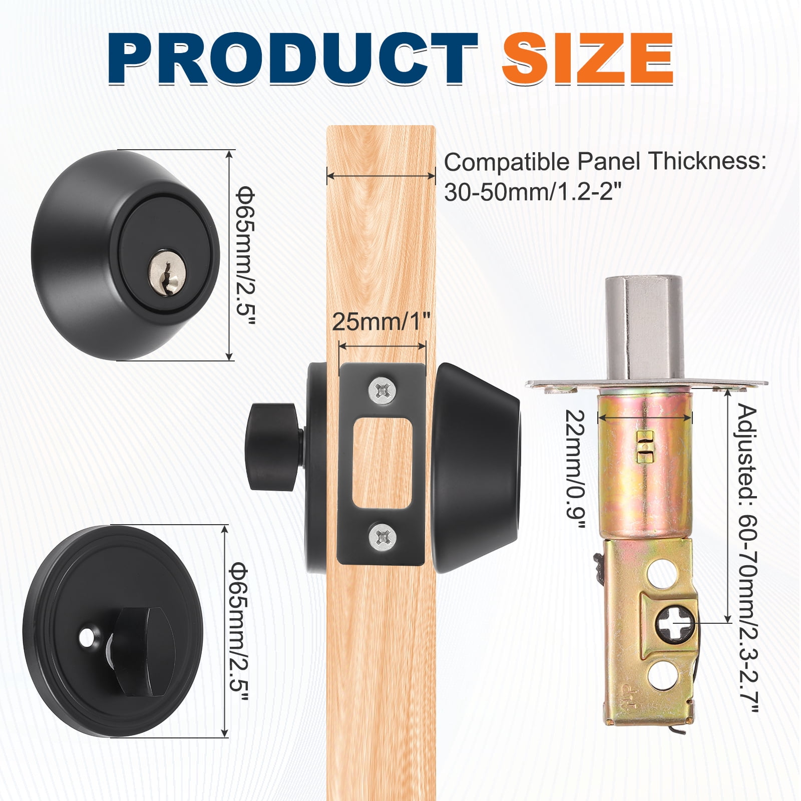 Uxcell Door Lock Set with Single Cylinder Deadbolt (2 Inch, Black) (2 Set), Round Ball Exterior and Interior Door Knobs, Suit for - Bedroom/Bathroom/Office, Keyed Alike