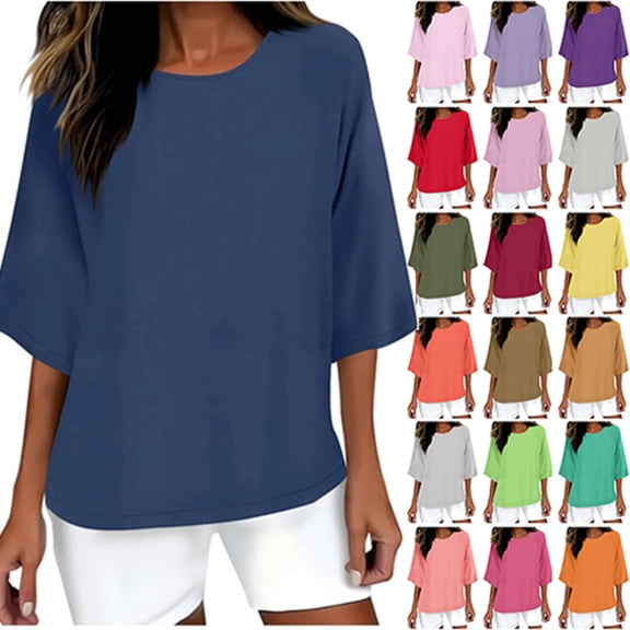 Ichuanyi Women's 3/4 Sleeve Casual Tops Solid Color Crew Neck Loose Fit Shirts Blouses Three Quarter Sleeve Tops Woman Blouse