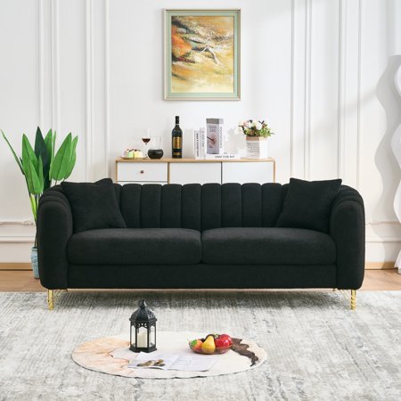 85" Oversized Black Chenille Sofa - Luxurious 3-Seater Tufted Couch with Gold Metal Legs, Plush Foam & Spring Filling for Modern Living Room, Apartment Comfort