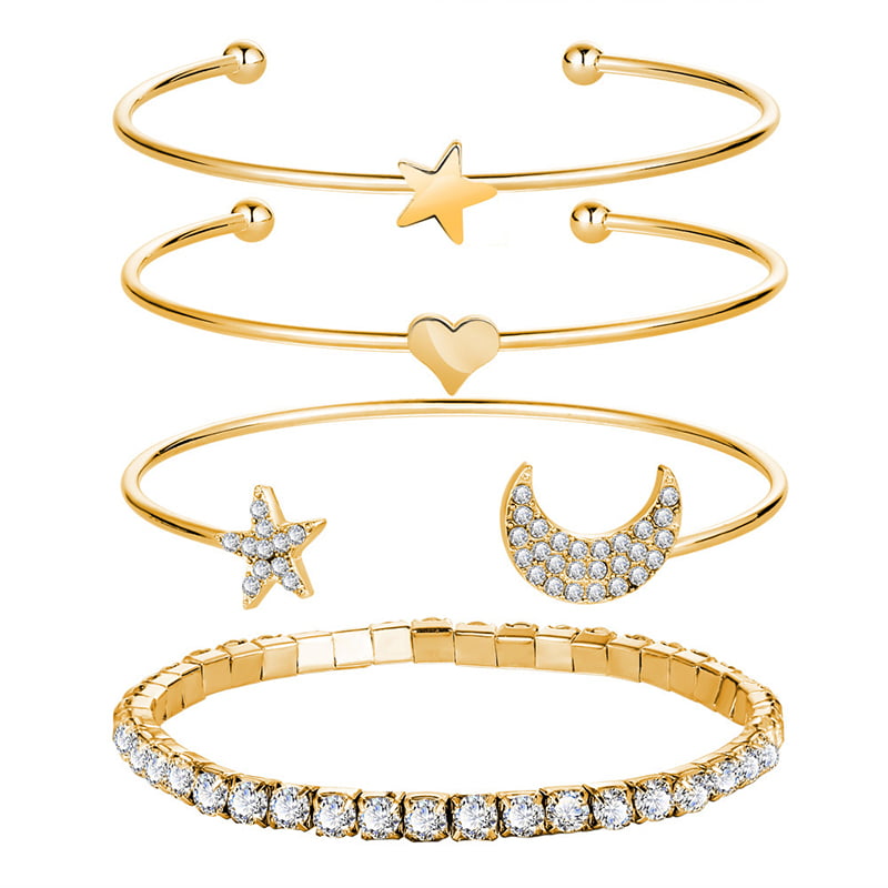 4PCS/Set Women Simple Silver Rhinestone Star Moon Opening Bracelets New Jewelry