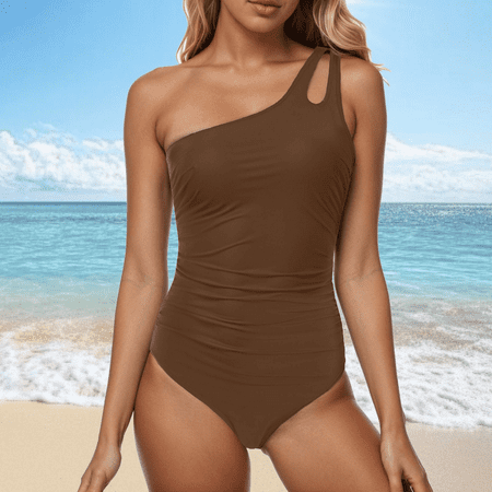 Fulorrnie One Piece Swimsuit for Women High Waisted Shoulder Cutout Smocked Back Bathing Suit Support Ruched Swimwear Coffee S