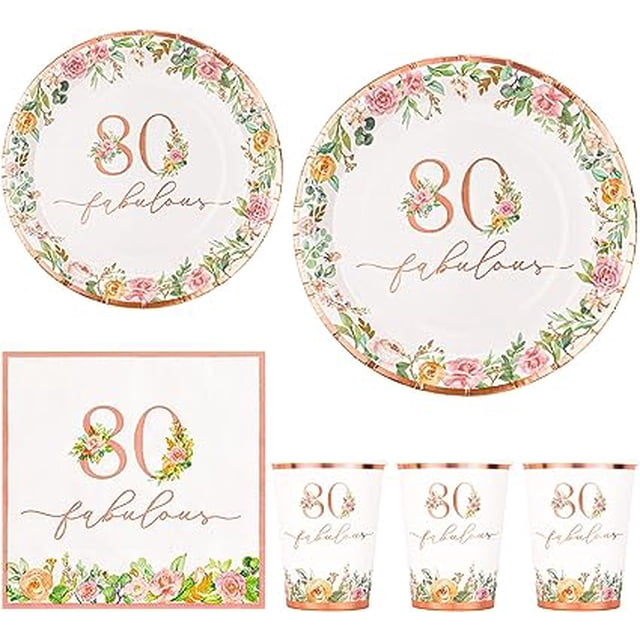 Crisky 80th Birthday Napkins and Plates for Women Rose Gold Floral Party Decoration, 80 and
