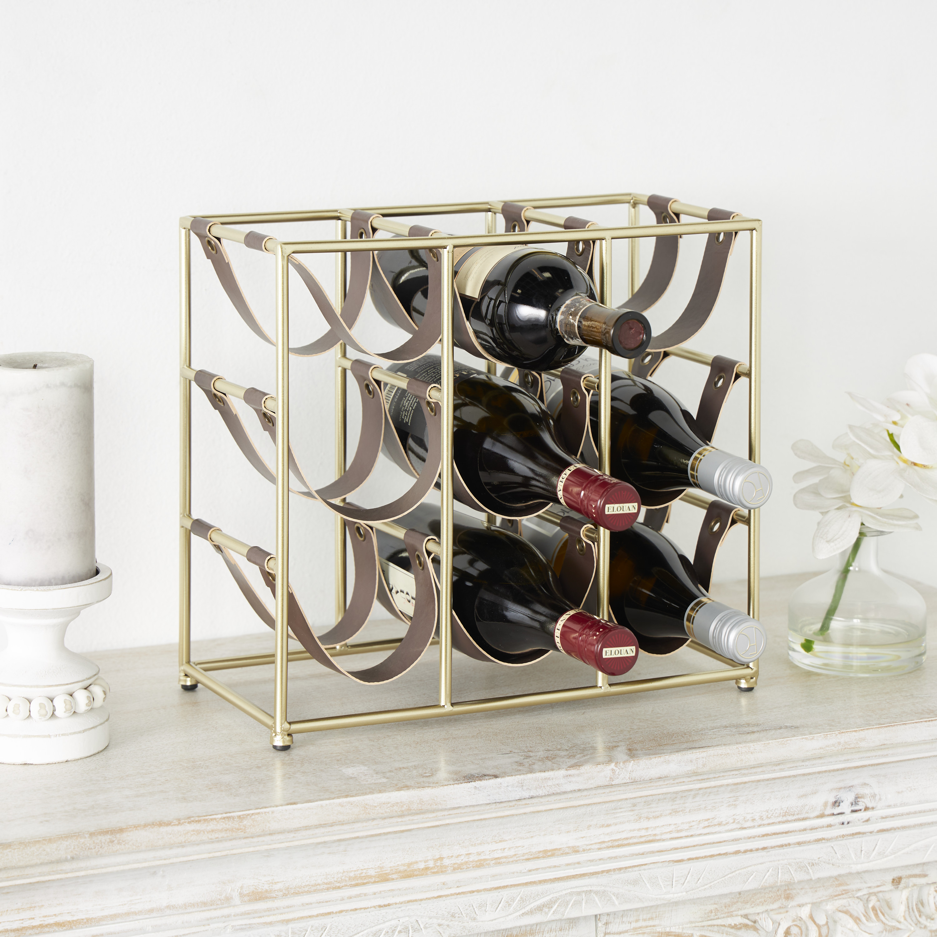 DecMode 14" x 13" Gold Metal Wine Rack with Faux Leather Holding Straps, 1-Piece