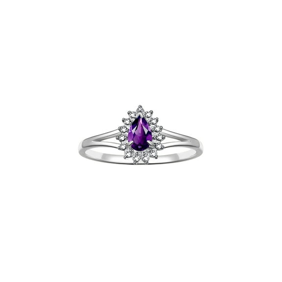 RYLOS Rings for Women Silver Ring Halo of Diamonds Birthstone Ring 6X4MM Pear Shape Tear Drop Gemstone February Amethyst Jewelry for Women Size 5