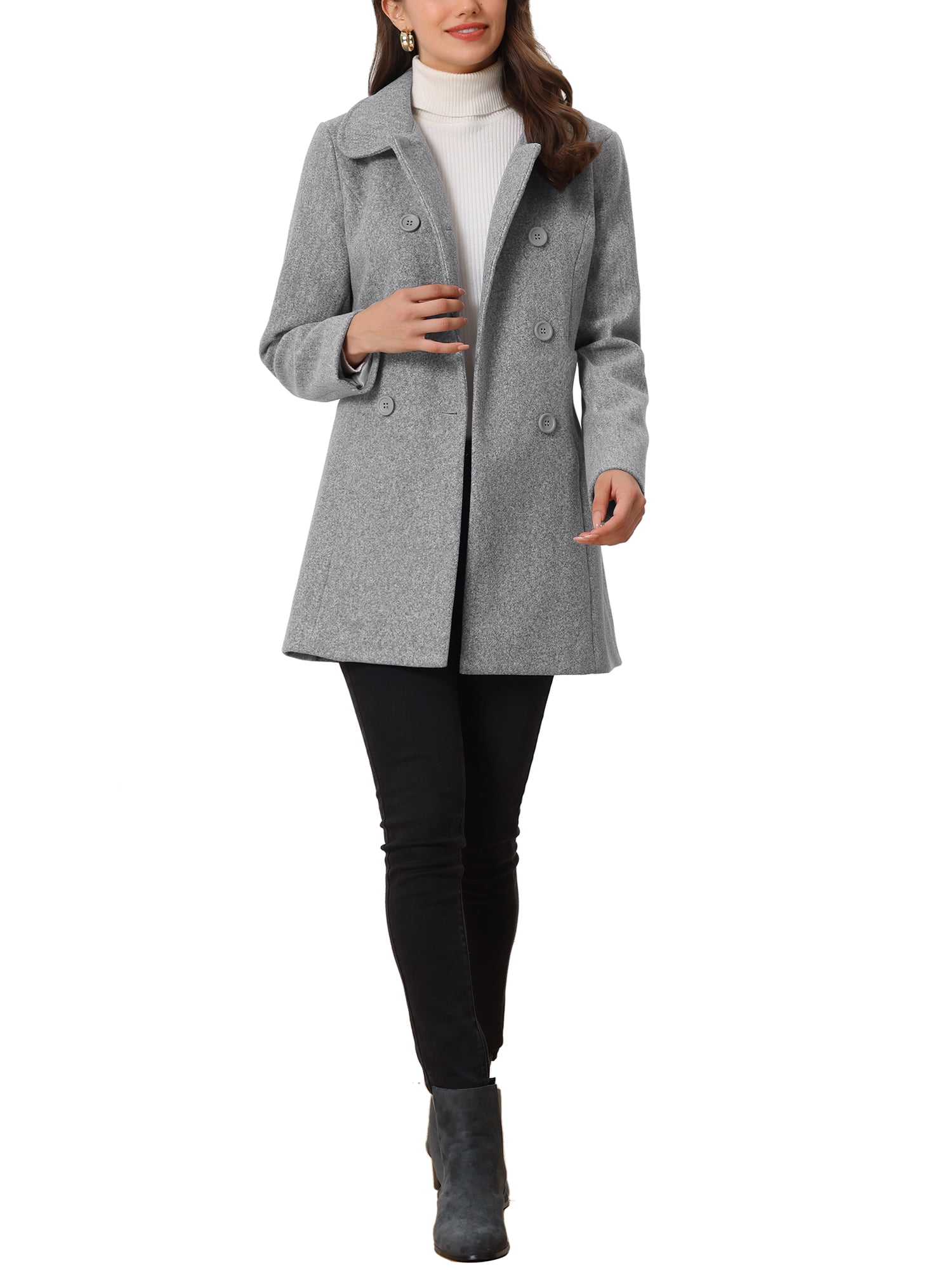 Unique Bargains Women's Peter Pan Collar Double Breasted Winter Trench Coat L Grey