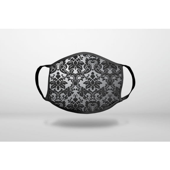 Silver Grey Black Damask - 3-Ply Reusable Soft Cloth Face Covering, Unisex, Cotton Inner Layer