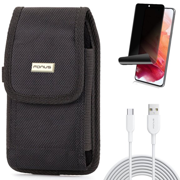 Case Belt Clip & Privacy Screen Protector & 6ft USB-C Cable for Samsung Galaxy S22 (6.1") - Rugged Holster & TPU Film Fingerprint Works & Type-C Fast Charger Accessory Bundle