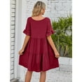 thumbnail image 5 of Bmisegm Ladies Summer Casual V Neck Layered Ruffle Hem Pocket A Line Mini Swing Beach Short Sleeve Dress Red S, 5 of 6