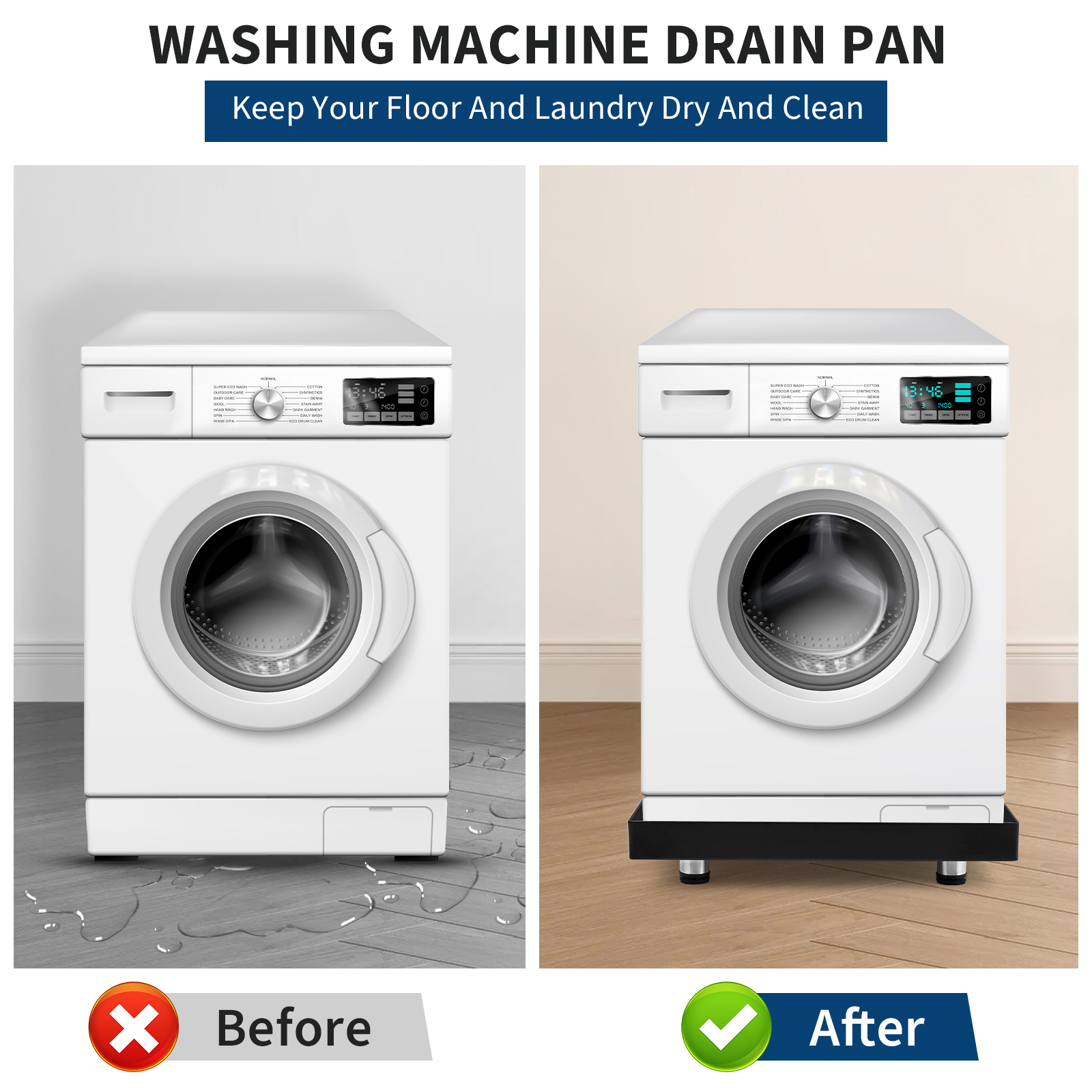 Kojooin Heavy-Duty Carbon Steel Washing Machine Drain Tray, with Waterproof Tape, Water Outlet Switch, Drain Hole, Hose Connector, and Rust and Leak Protection