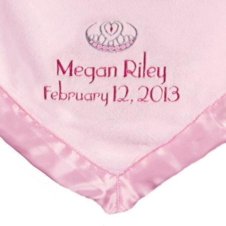 Personalized Satin Trim Pink Baby Blanket, Name, Date and Crown