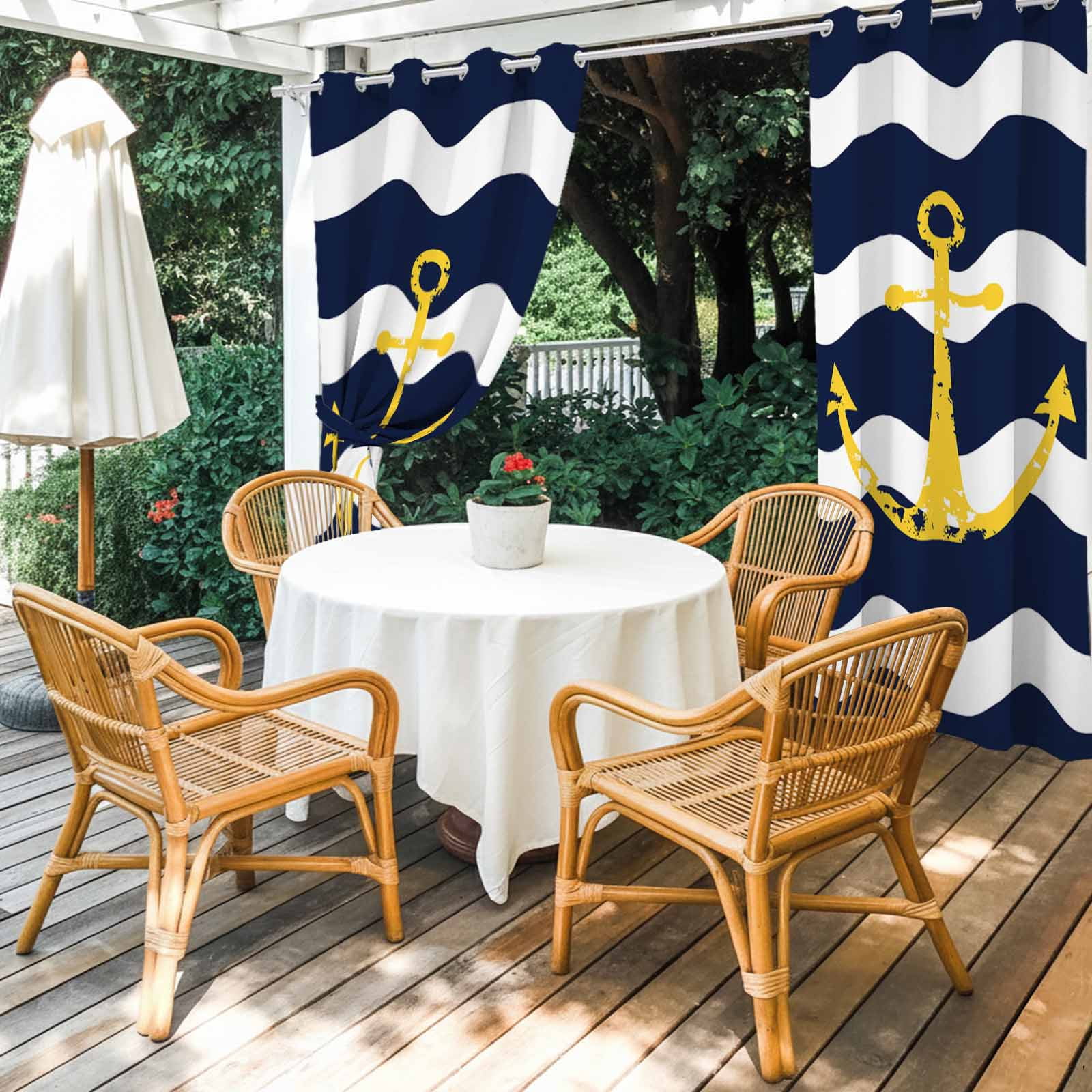 Navy Blue Outdoor Curtains for Patio Waterproof, Wave Stripes Yellow Nautical Anchor Grommet Curtains for Porch Outside Privacy Drape for Gazebo Garden Pergola, 2 Panels, 54x84in