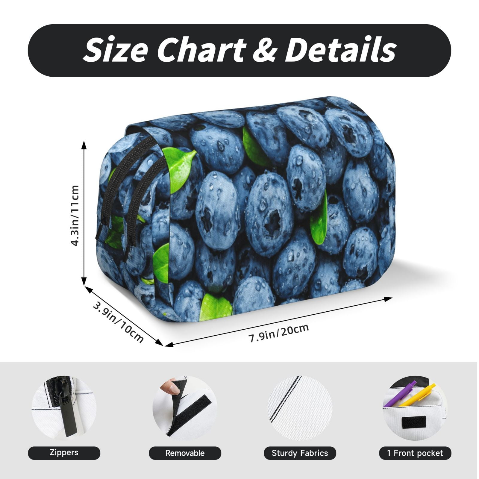 Rateoe Fresh Blueberries Pattern Double Clamshell Pen Case, Storage Organizer with Two Zipper Compartments– Holds Up to 50 Pencils & Pens