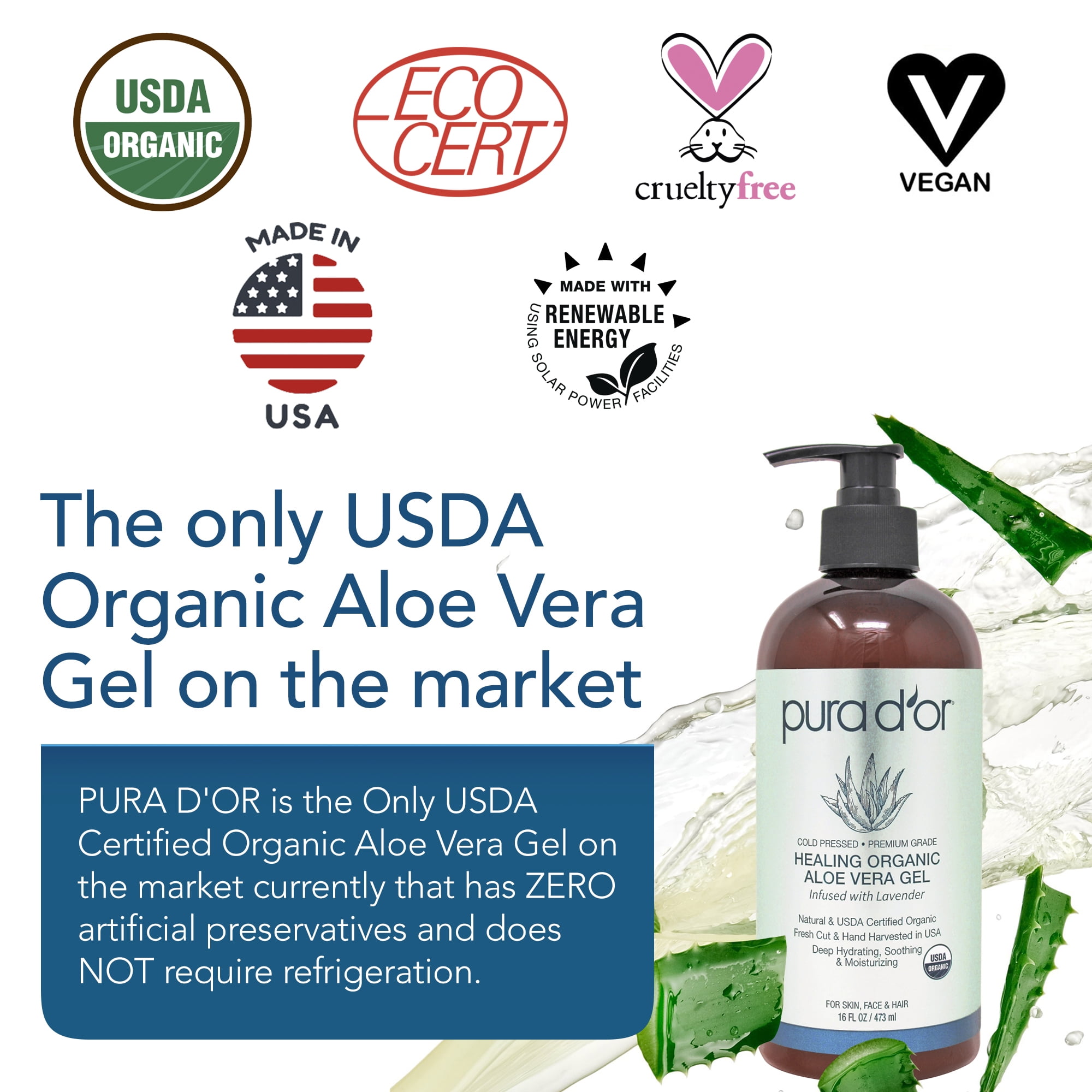 PURA D'OR Organic Aloe Vera Gel Lavender (16oz) All Natural - ZERO Artificial Preservatives - Deeply Hydrating & Moisturizing Sunburn, Bug Bites, Rashes, Small Cuts, Eczema Relief - Skin