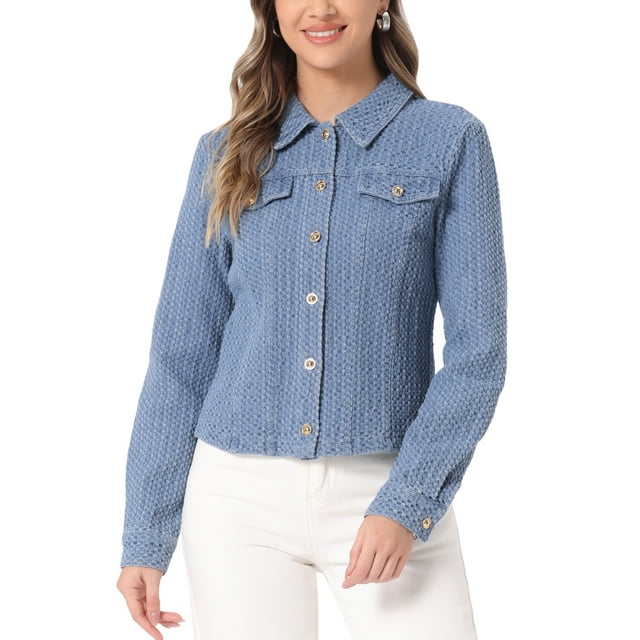 Chaqueta de mezclilla casual de mujer INSPIRE CHIC, con botones, mangas largas, textura lavada, talla XL, azul claro