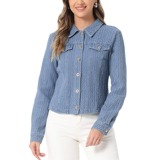 Chaqueta de mezclilla casual de mujer INSPIRE CHIC, con botones, mangas largas, textura lavada, talla XL, azul claro