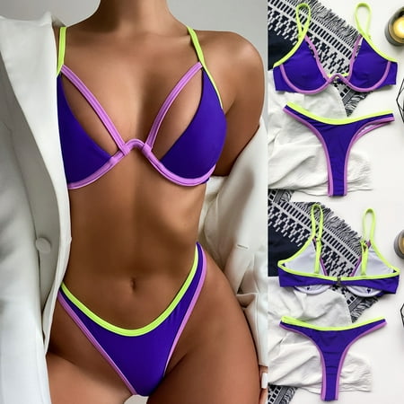 

Finelylove Swimsuits Lightly Lined Sport Bra Style Bikini Purple L
