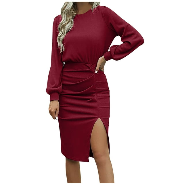 Women's Clearance Solid Color Lantern Sleeve Sweatshirts Spring Workout Elegant Casual Side Split Knitted Ribbed Round Neck Sweaters Fall Dress Mini Bodycon Dress Fashion Red XL