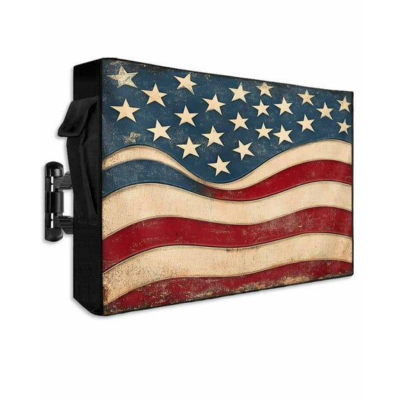 Vintage American Flag Outdoor TV Cover 30 to 32 Inch Weatherproof, Blue Red White Star US Flag 600D Oxford TV Covers with Waterproof Zipper, Outside Flat TV Screen Protector Size 30"W x 19"H x 4.5"D