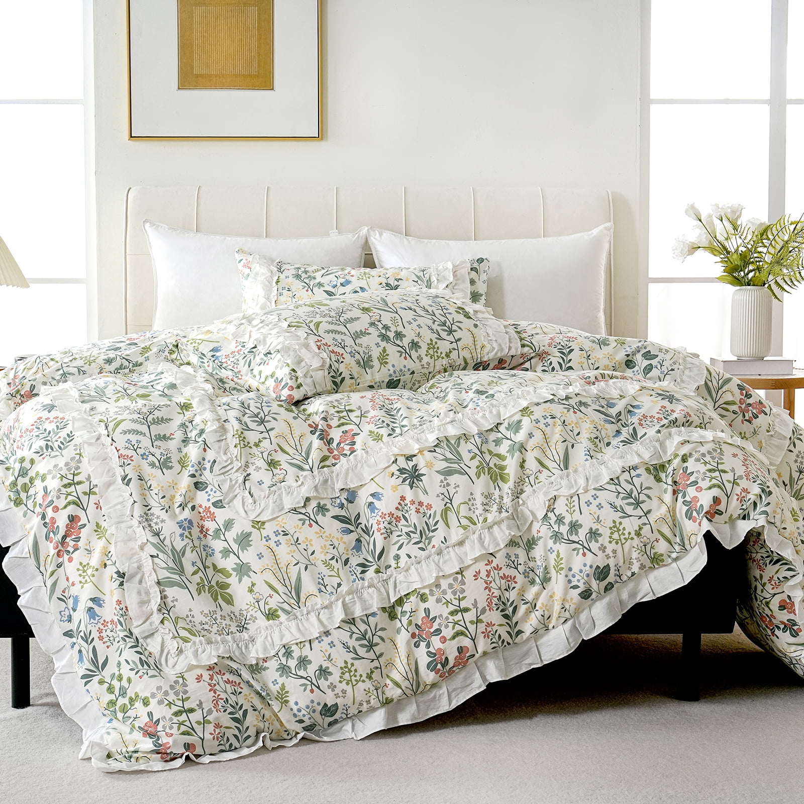 White Ruffle Duvet Cover Set 100% Cotton Green Floral Duvet Cover 3 Pcs Aesthetic Comforter Cover for All Seasons Soft Breathable Bedding Set with Zipper Closure
