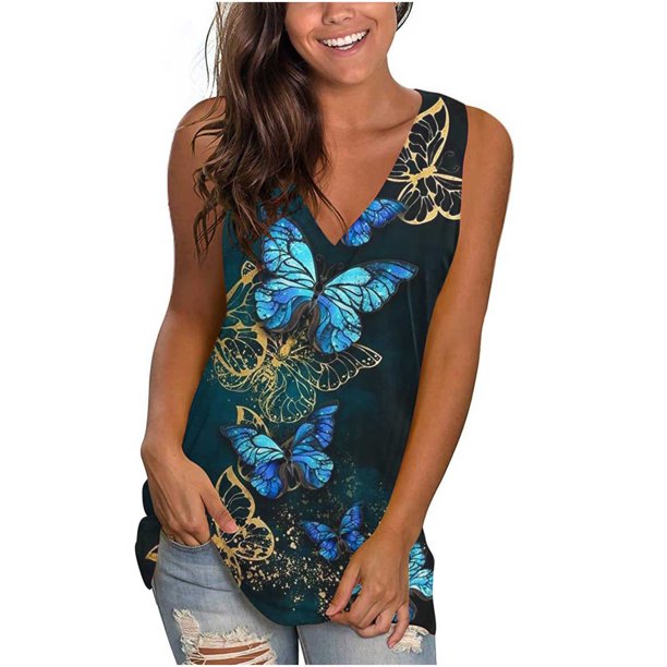 ICHUANYI Clearance Women's Sleeveless Summer Casual Tops V Neck Printing Sleeveless Vest Tops(Blue, M) ICHUANYI WER2023081109833