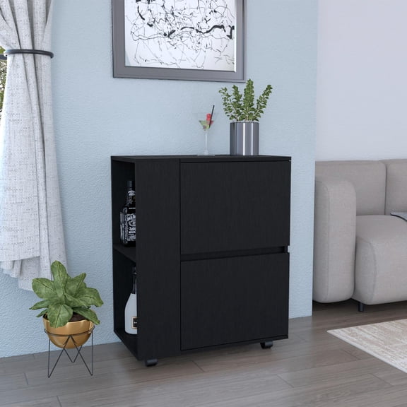 Glasgow Bar Cart with Two Pull-Down Door Cabinets, Two Open Shelves, Smooth Rolling Wheels