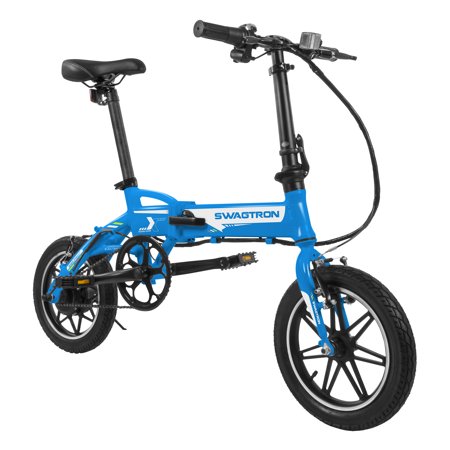 (Recertified) Swagtron Swagcycle EB-5 Plus 14" Lightweight Aluminum Folding Electric Bike with Pedals, Blue